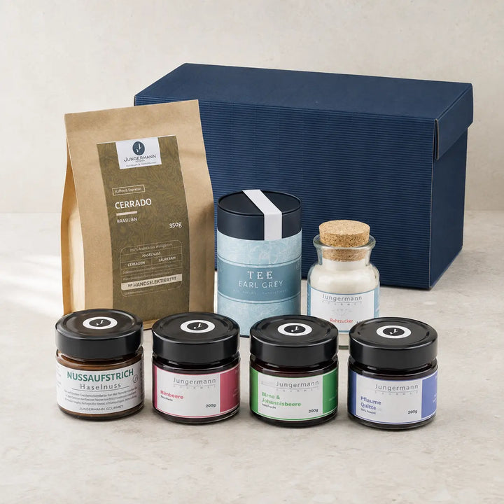 Frühstücks-Box von Jungermann Gourmet – Sortiment aus Kaffee, Tee, Rohrzucker und Aufstrichen