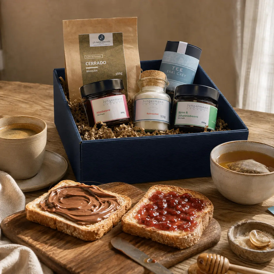 Frühstücks-Box von Jungermann Gourmet – Genussidee mit Nussaufstrich, Fruchtaufstrich, Kaffee und Tee