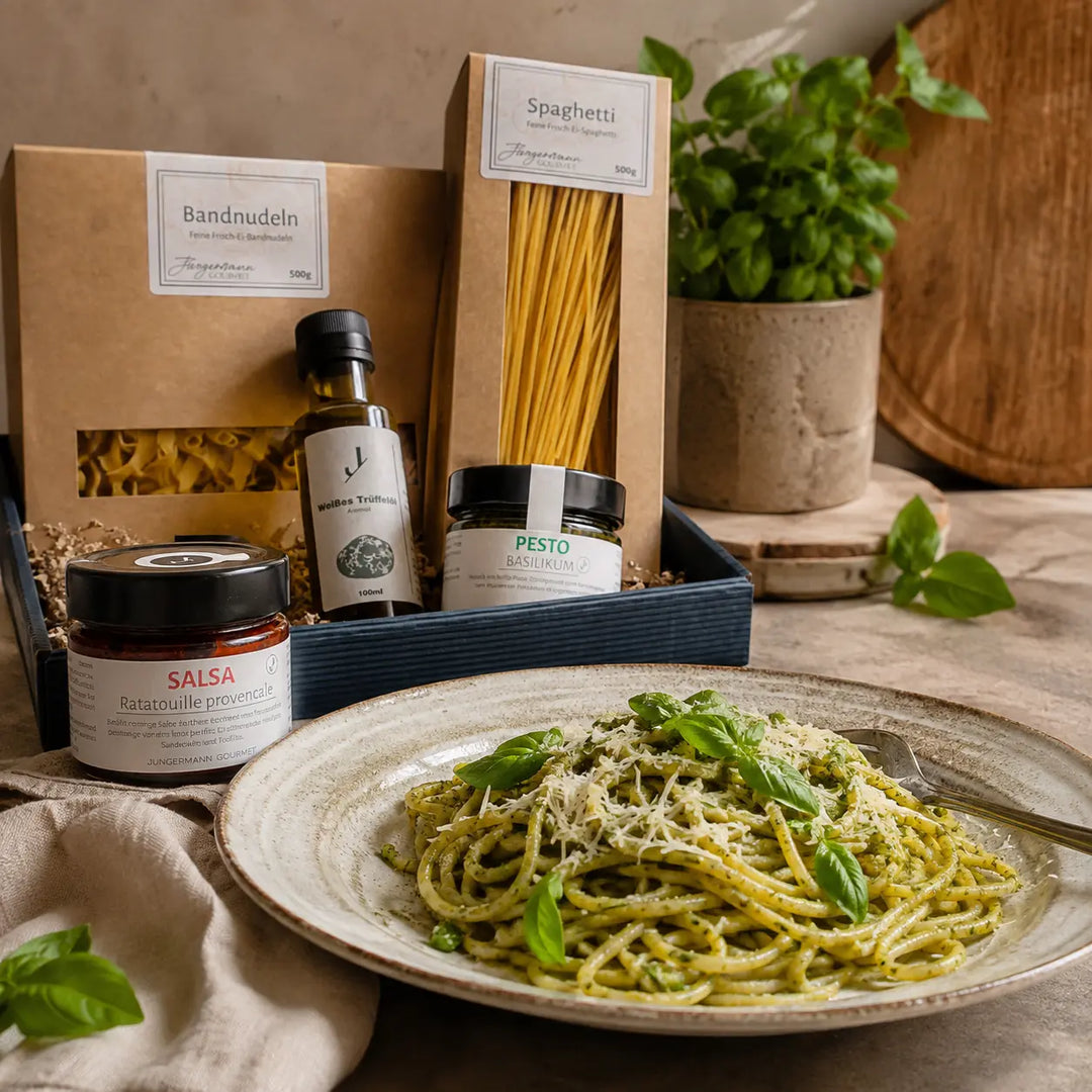 Für Pastaliebhaber von Jungermann Gourmet – Spaghetti mit Basilikumpesto neben der Geschenkbox