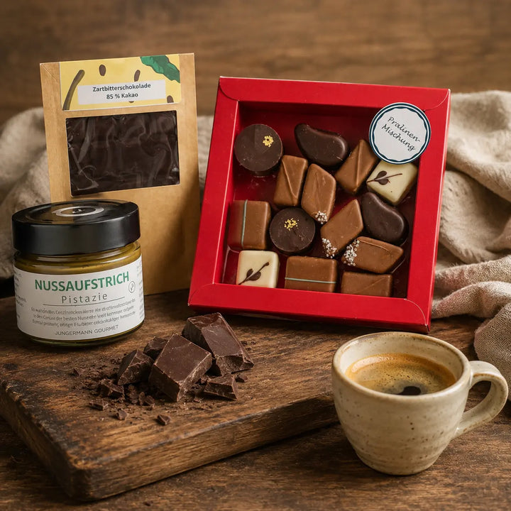 Für Schokoholics von Jungermann Gourmet – Pralinen, Zartbitterschokolade und Pistazien-Nussaufstrich