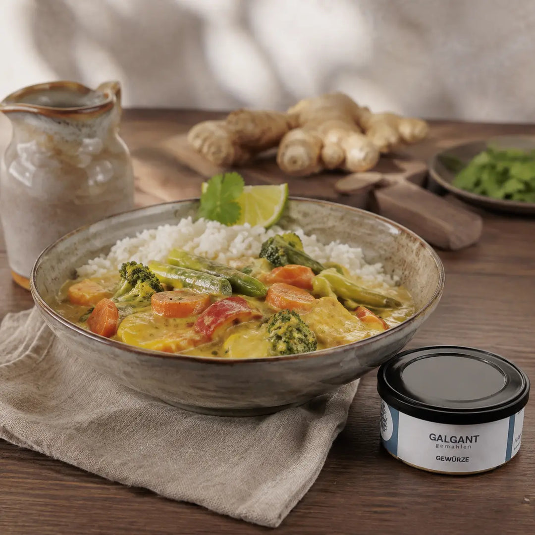 Galgantwurzel gemahlen von Jungermann Gourmet – cremiges Gemüse-Curry mit Reis