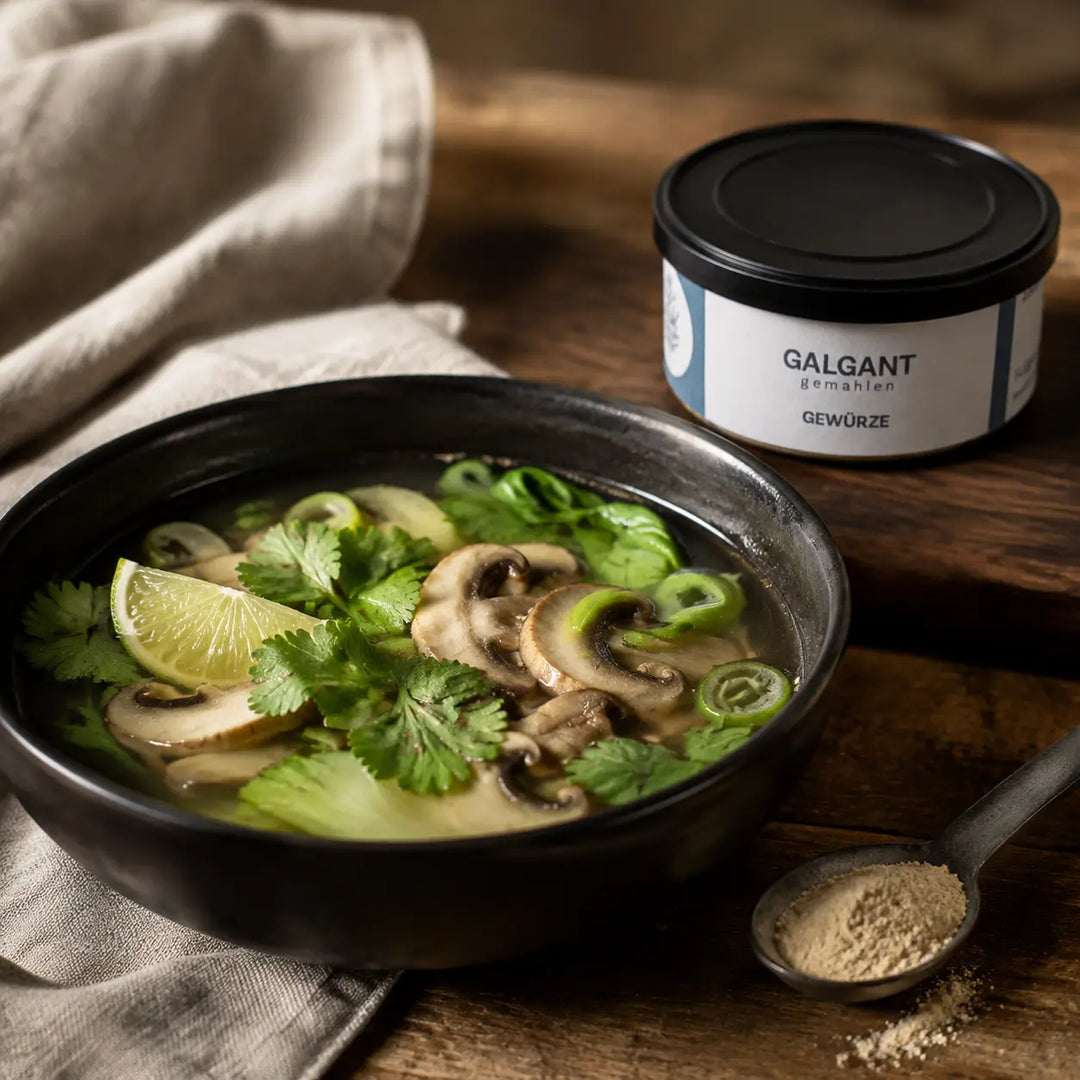 Galgantwurzel gemahlen von Jungermann Gourmet – asiatisch inspirierte Gemüsesuppe mit Pilzen und Limette