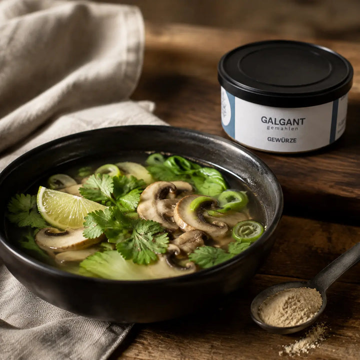 Galgantwurzel gemahlen von Jungermann Gourmet – asiatisch inspirierte Gemüsesuppe mit Pilzen und Limette