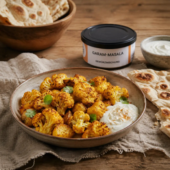 Garam-Masala von Jungermann Gourmet – gewürzter Blumenkohl mit Kartoffeln, Joghurt und Fladenbrot