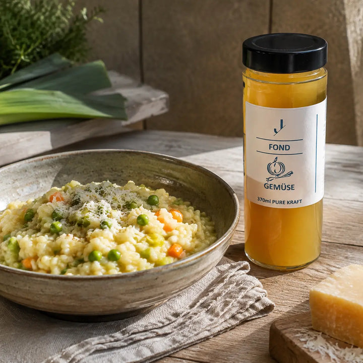 Gemüse-Fond von Jungermann Gourmet – cremiges Gemüserisotto mit Erbsen, Karotten und Lauch