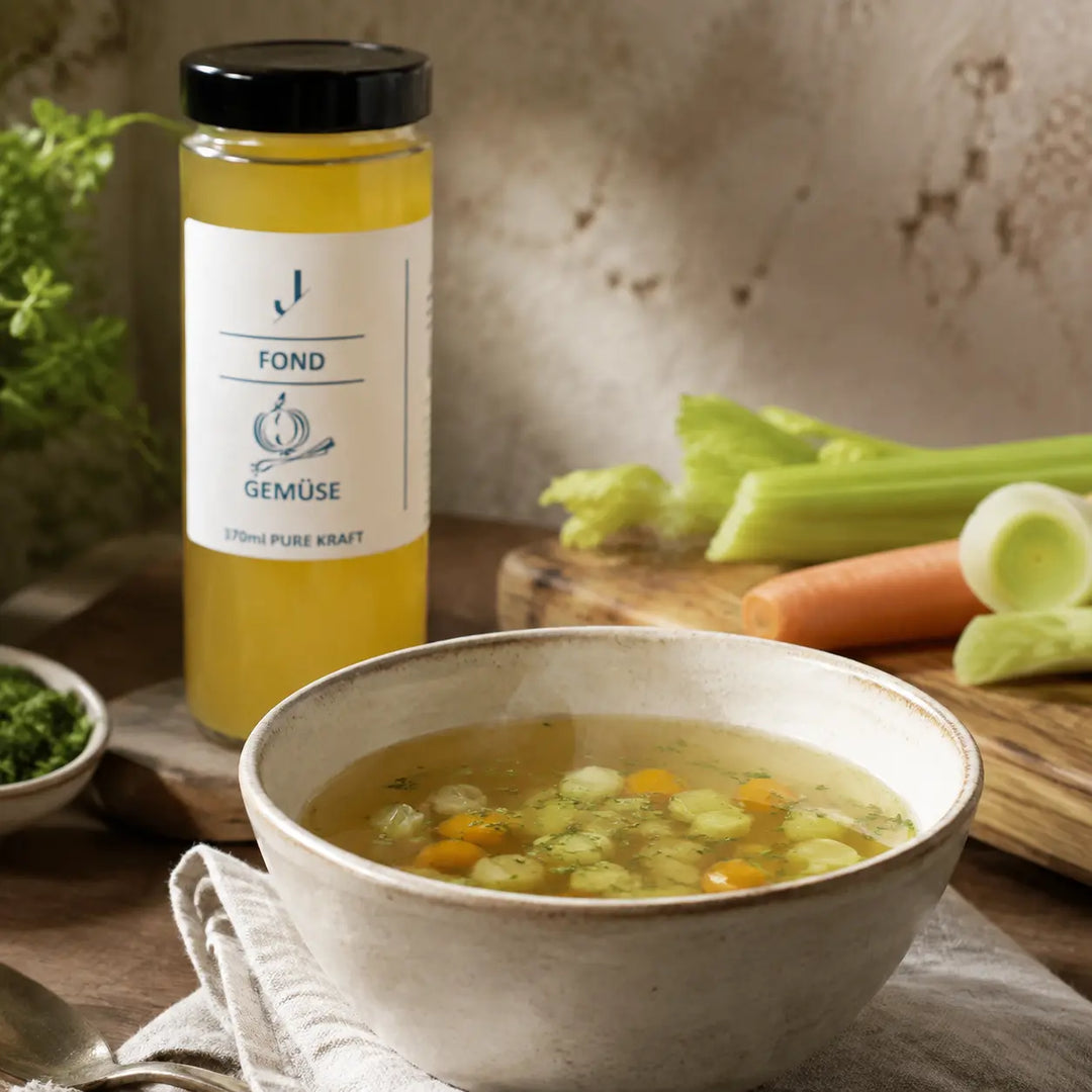 Gemüse-Fond von Jungermann Gourmet – klare Gemüsesuppe mit Karotten, Sellerie und Lauch