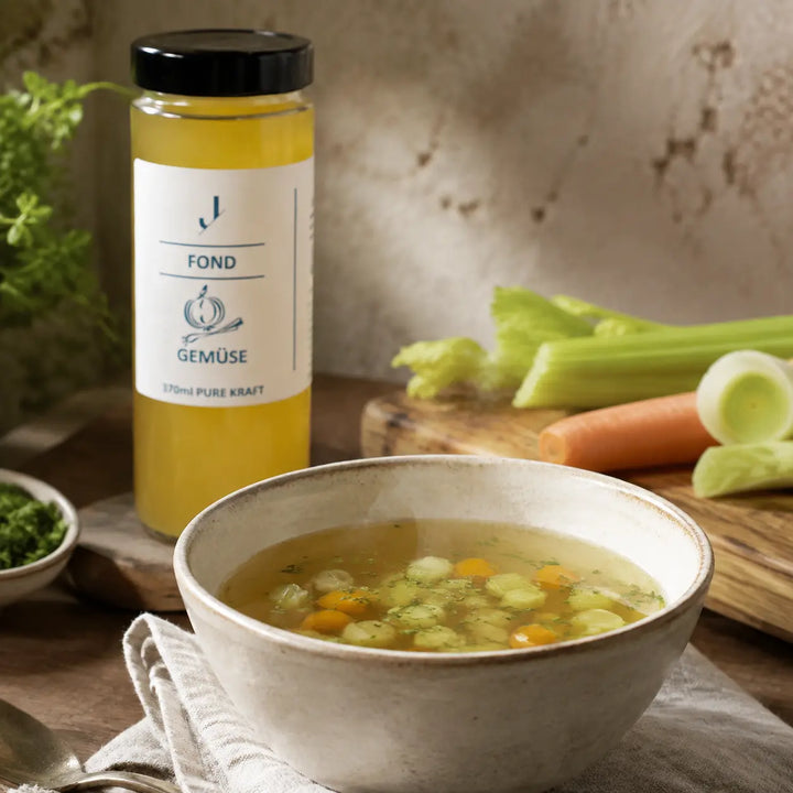 Gemüse-Fond von Jungermann Gourmet – klare Gemüsesuppe mit Karotten, Sellerie und Lauch