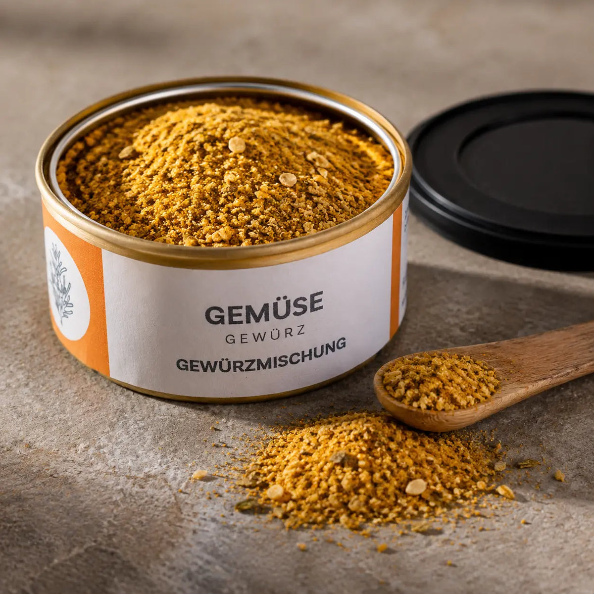 Gemüsegewürz von Jungermann Gourmet – goldene Gewürzmischung mit geöffneter Dose