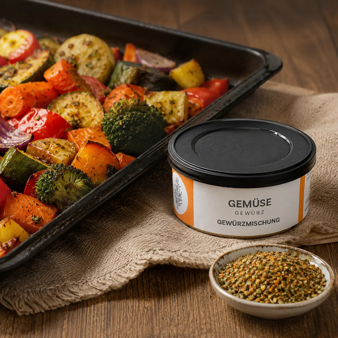 Gemüsegewürz von Jungermann Gourmet – gewürztes Ofengemüse mit Karotten, Zucchini, Paprika, Brokkoli und Kartoffeln