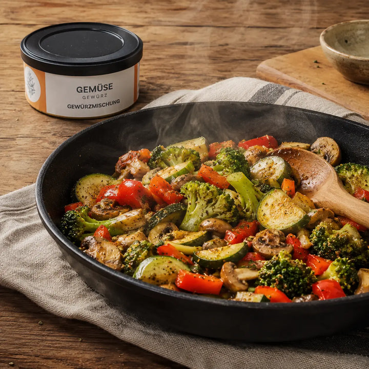 Gemüsegewürz von Jungermann Gourmet – bunte Gemüsepfanne mit Zucchini, Paprika, Pilzen und Brokkoli