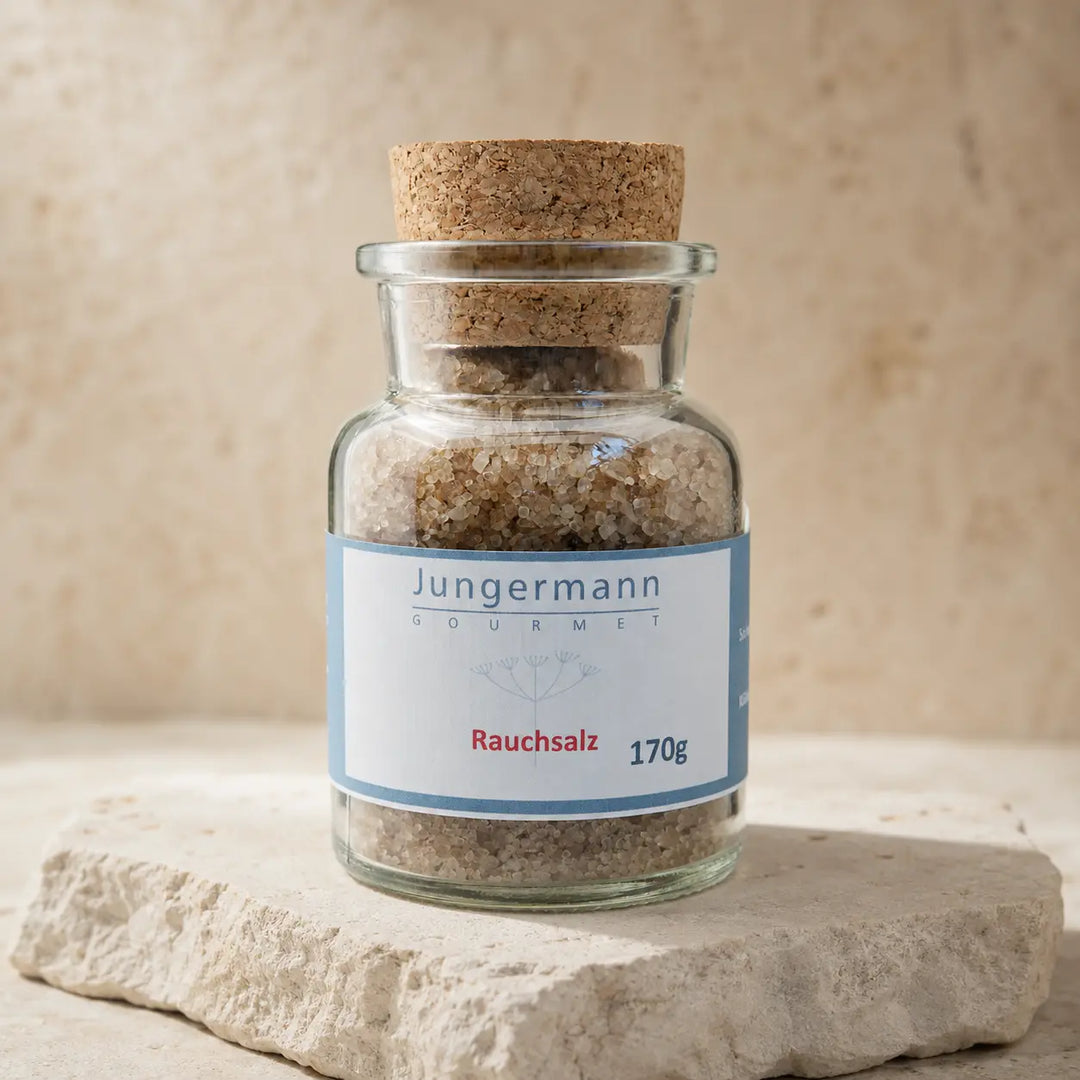 Geräuchertes Salz von Jungermann Gourmet – Packshot des Rauchsalzes im Korkglas