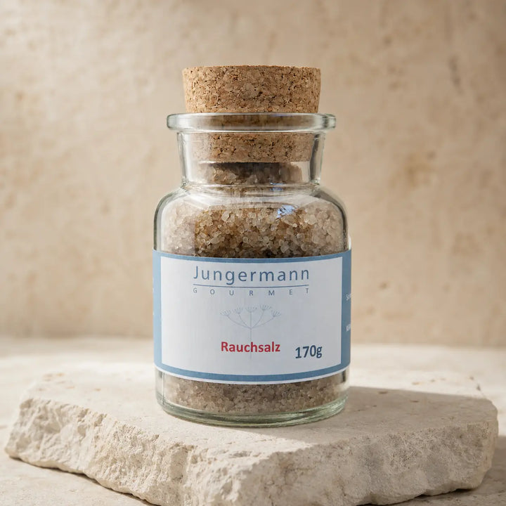 Geräuchertes Salz von Jungermann Gourmet – Packshot des Rauchsalzes im Korkglas