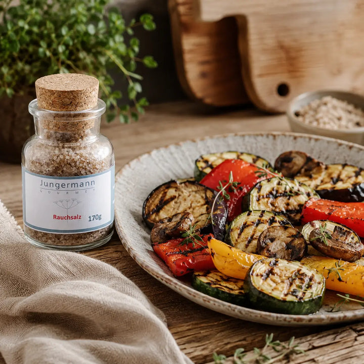 Geräuchertes Salz von Jungermann Gourmet – gegrilltes Gemüse mit Zucchini, Paprika, Aubergine und Pilzen