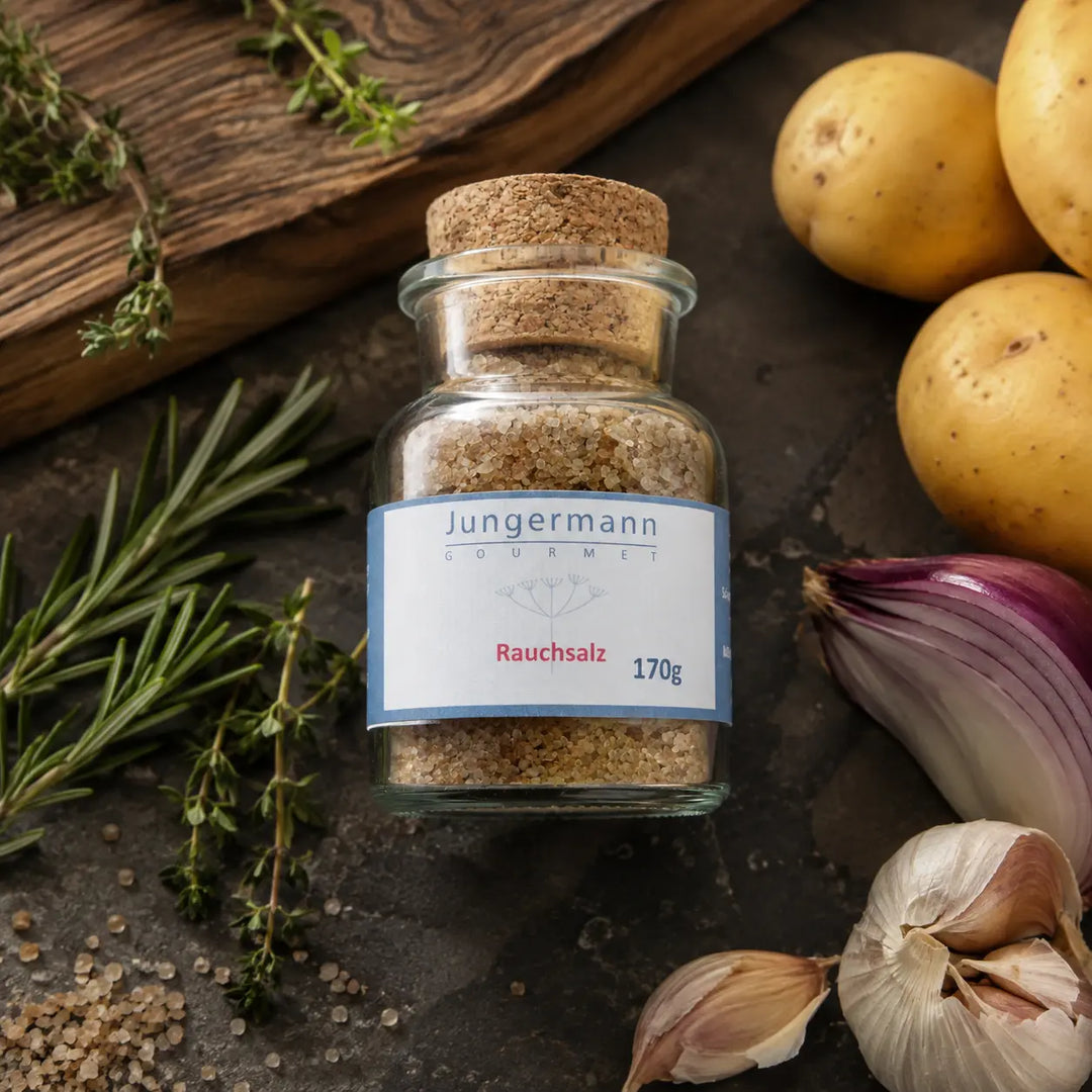 Geräuchertes Salz von Jungermann Gourmet – mit Salzflocken, Kartoffeln, Knoblauch und Kräutern