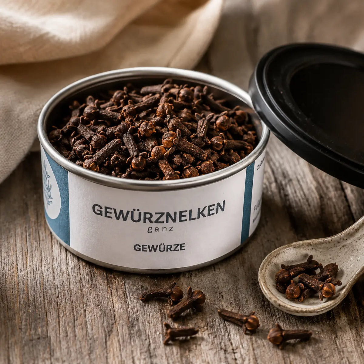Gewürz-Nelken ganz von Jungermann Gourmet – ganze Nelkenknospen mit geöffneter Dose