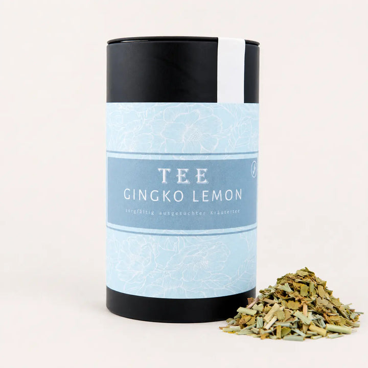 Gingko Lemon Tee von Jungermann Gourmet in hellblauer Dose mit Kräutermischung