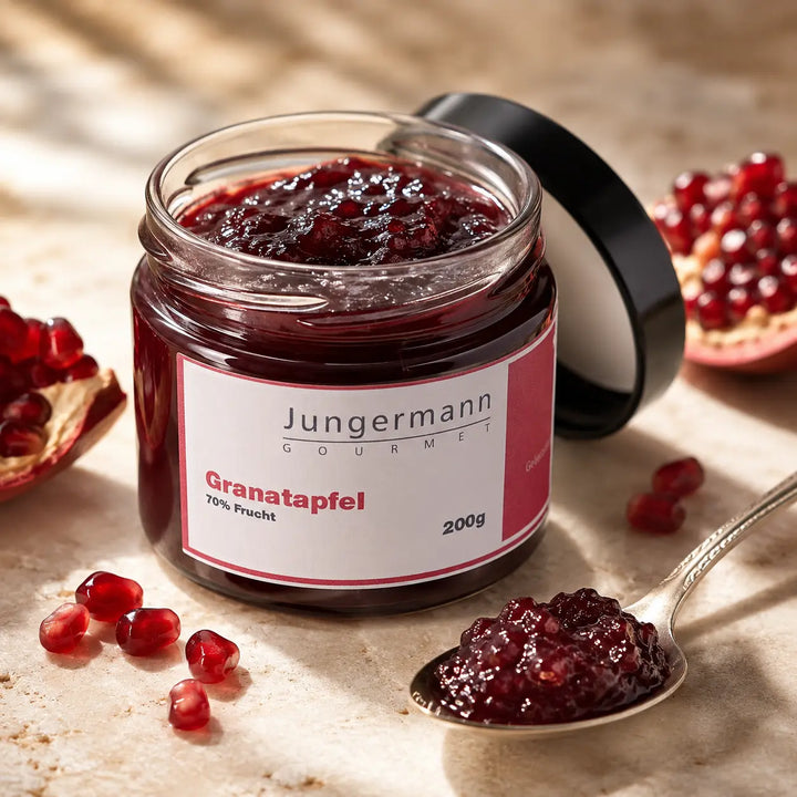 Jungermann Gourmet Granatapfel Aufstrich mit fruchtiger Textur auf dem Löffel