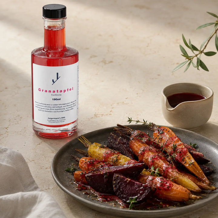 Jungermann Gourmet Granatapfel Essig zu gerösteten Möhren und Roter Bete