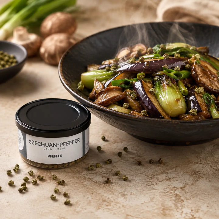 Jungermann Gourmet grüner Szechuanpfeffer zu Wokgemüse mit Pak Choi und Pilzen