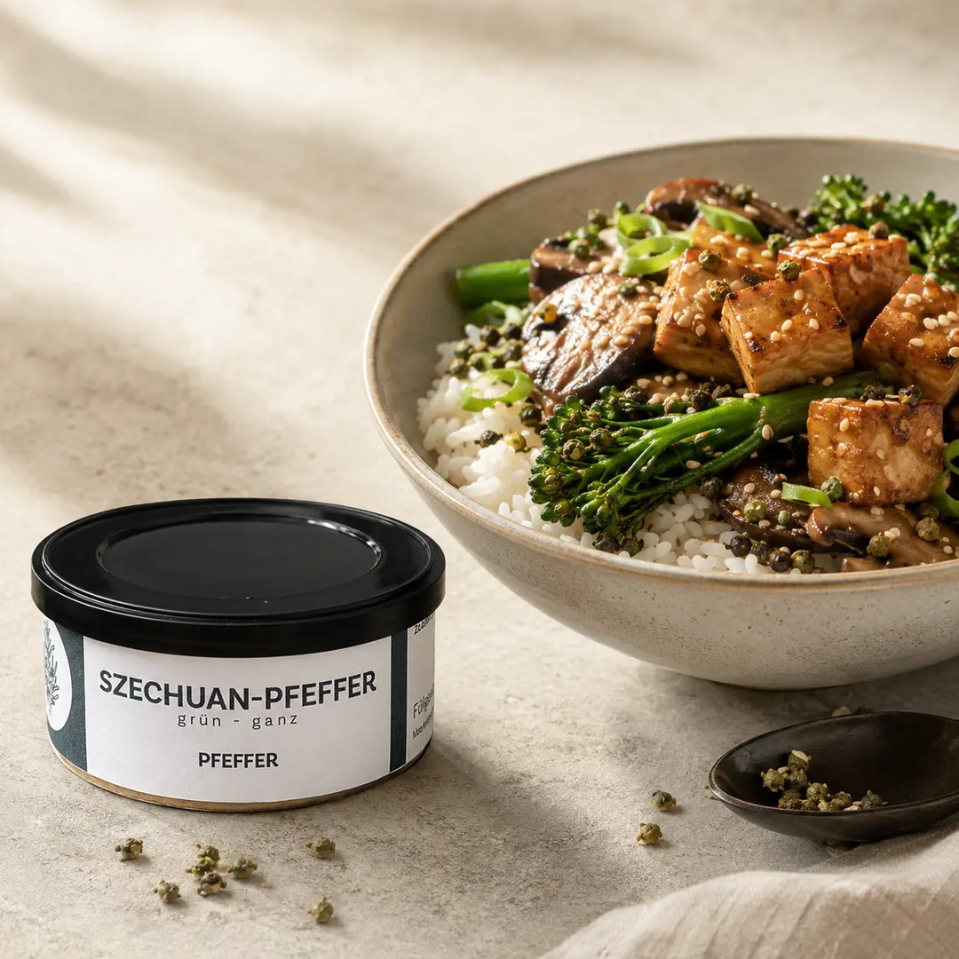 Jungermann Gourmet grüner Szechuanpfeffer zu Reis, Tofu und Gemüse