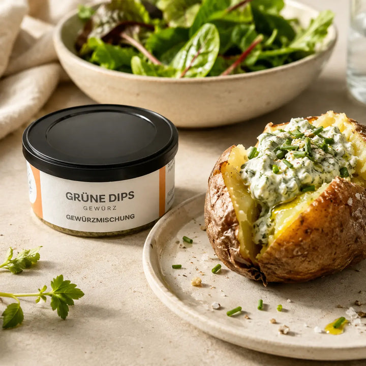 Jungermann Gourmet Grünes Dipgewürz zu Ofenkartoffel mit Kräuterquark