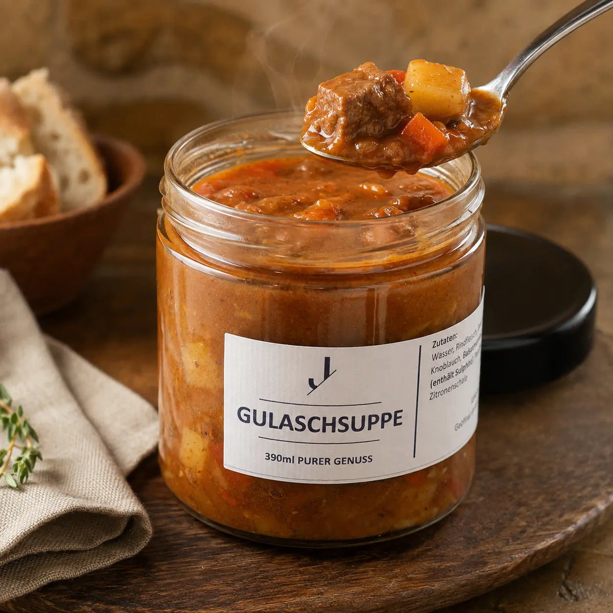 Jungermann Gourmet Gulaschsuppe mit Fleisch und Gemüse auf dem Löffel