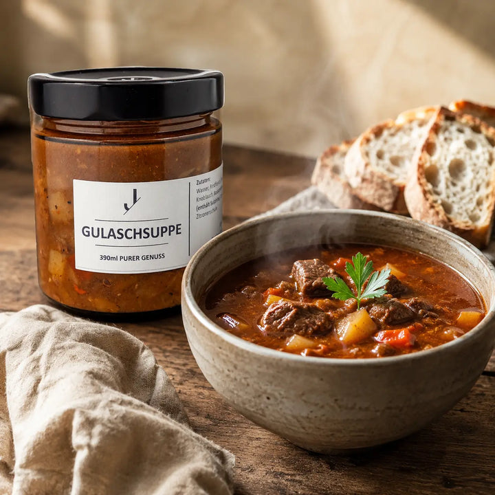 Jungermann Gourmet Gulaschsuppe serviert mit rustikalem Brot