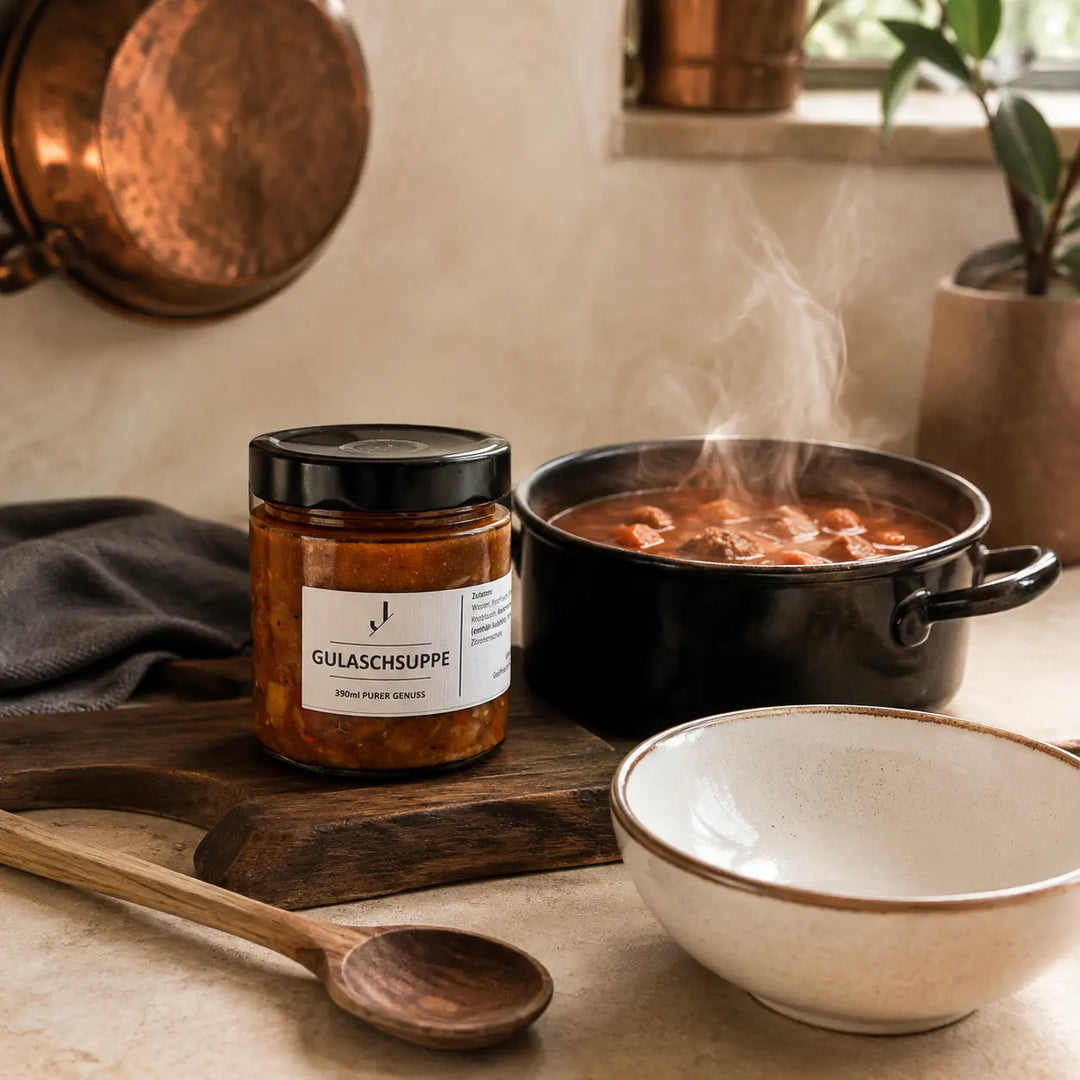 Jungermann Gourmet Gulaschsuppe beim Erwärmen im Topf