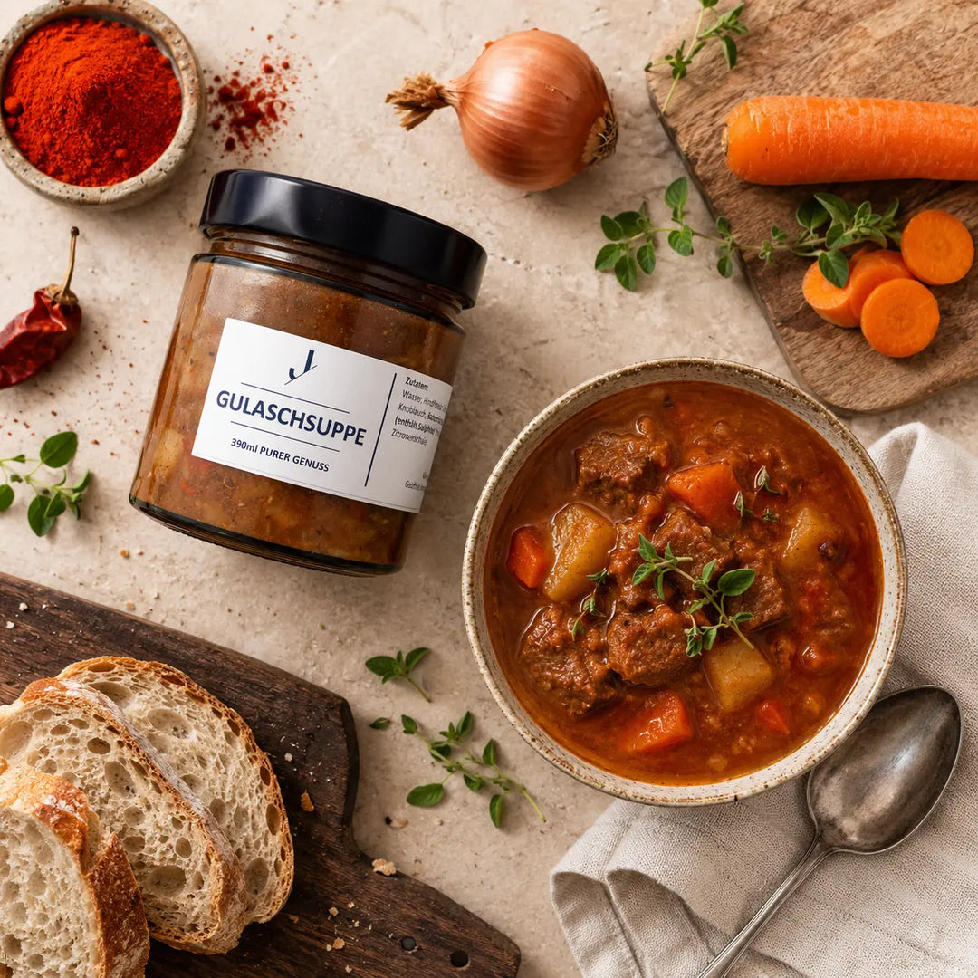 Jungermann Gourmet Gulaschsuppe mit Paprika, Zwiebel, Möhre und Brot