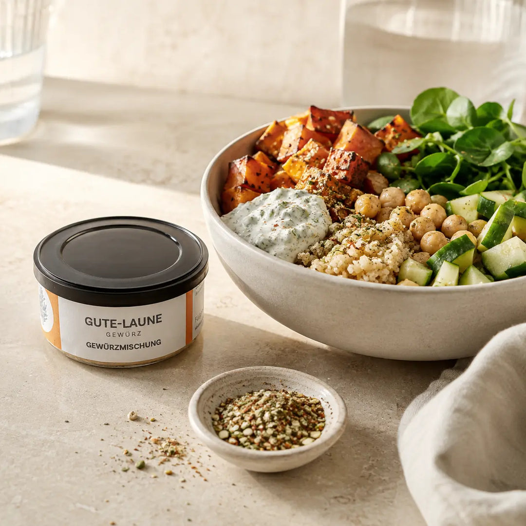 Jungermann Gourmet Gute-Laune-Gewürz zu Bowl mit Süßkartoffel, Kichererbsen und Dip