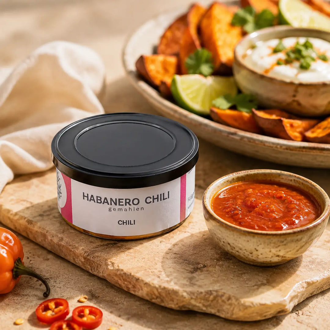 Jungermann Gourmet Habanero Chili gemahlen zu Chilisauce und Süßkartoffeln