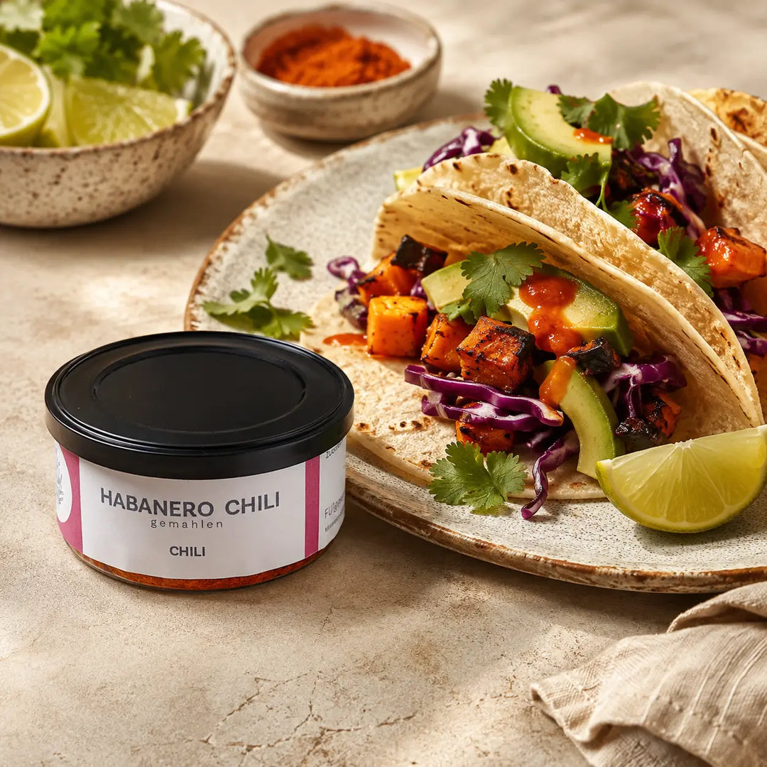 Jungermann Gourmet Habanero Chili gemahlen zu Gemüse-Tacos mit Avocado