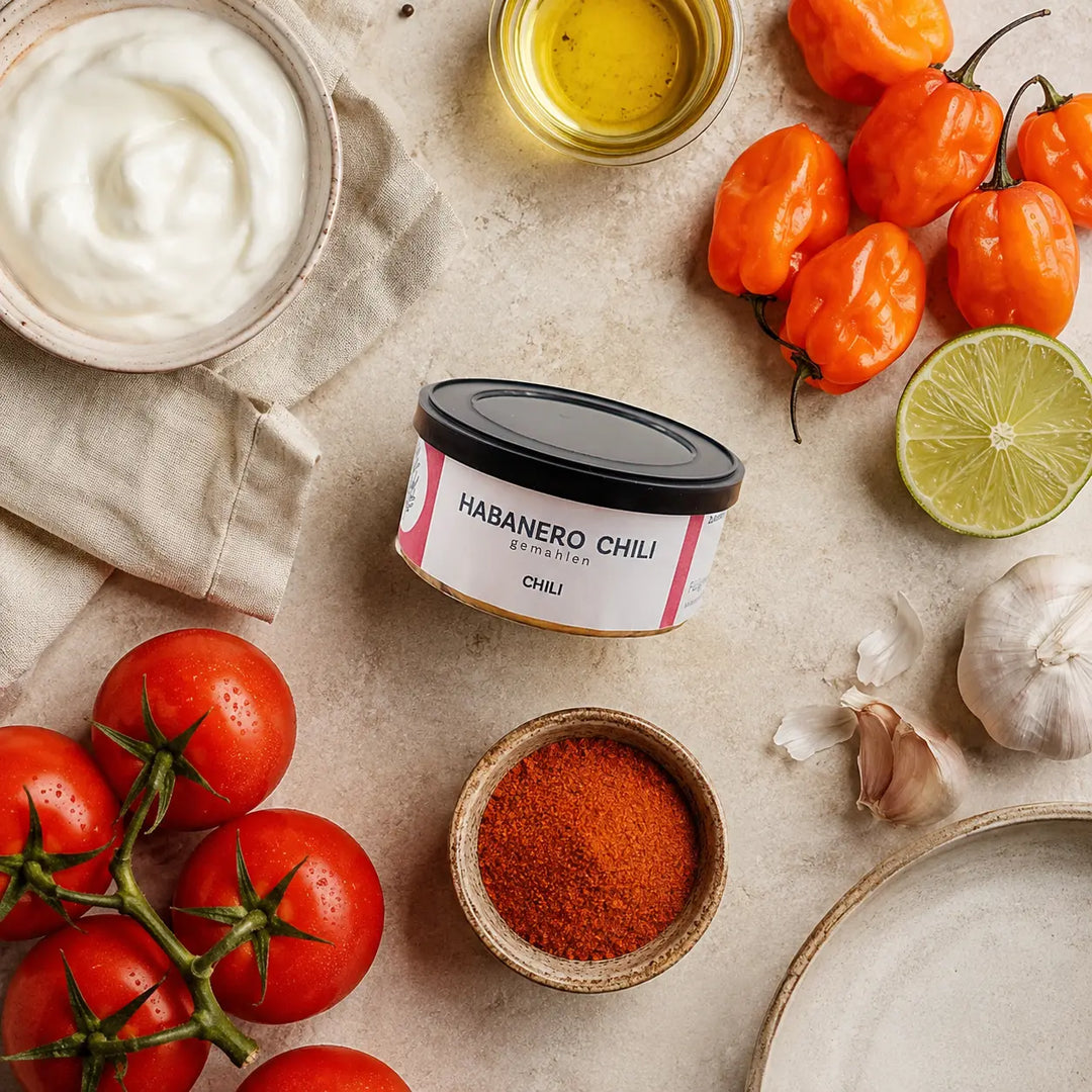 Jungermann Gourmet Habanero Chili gemahlen mit Habaneros, Limette, Tomaten und Joghurt