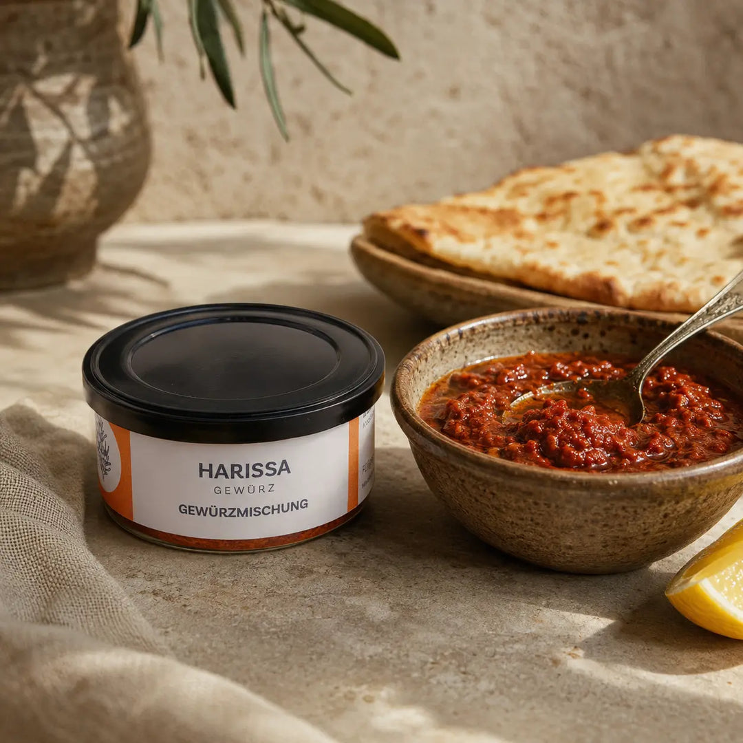 Jungermann Gourmet Harissa als Gewürzpaste mit Olivenöl und Fladenbrot