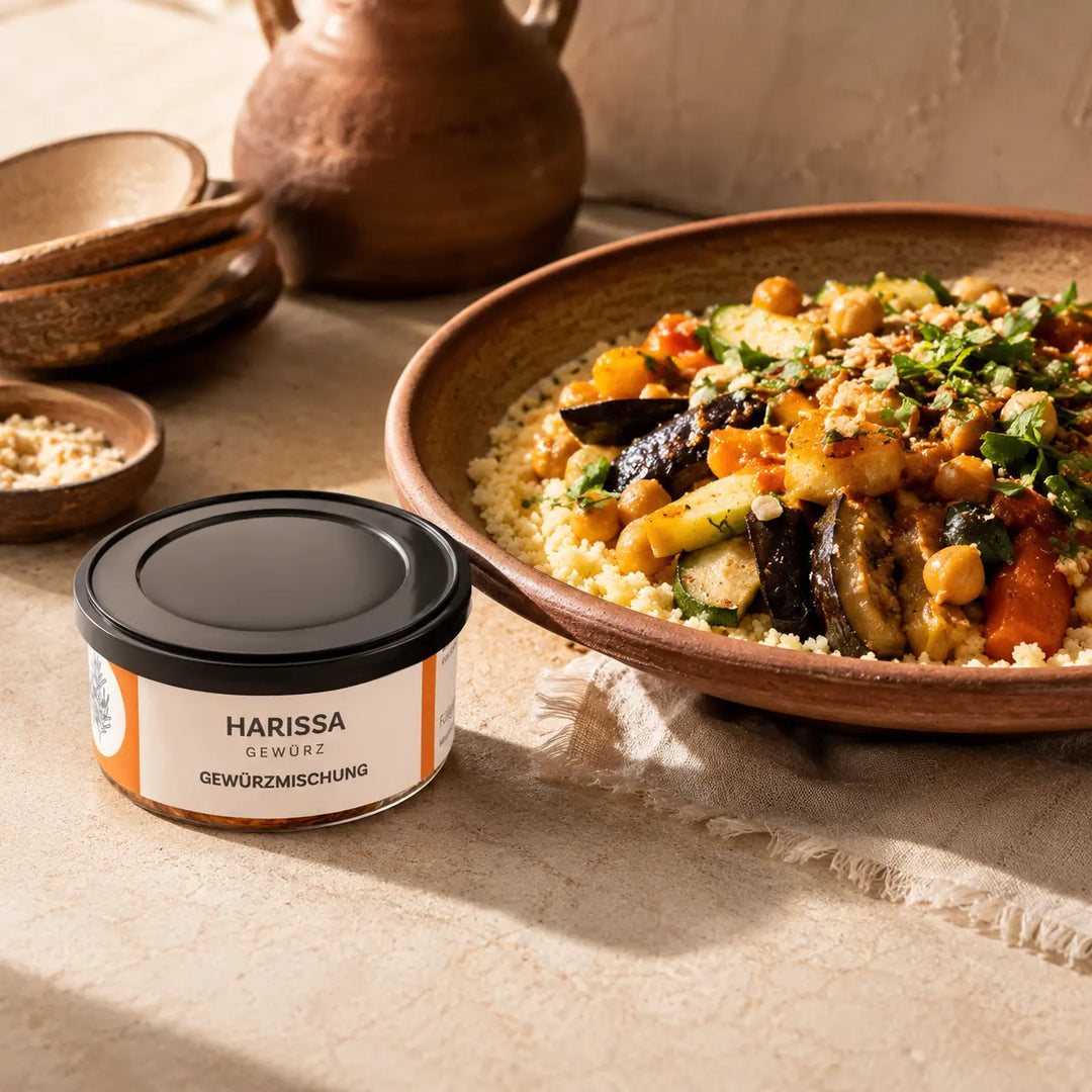 Jungermann Gourmet Harissa zu Couscous mit Gemüse und Kichererbsen