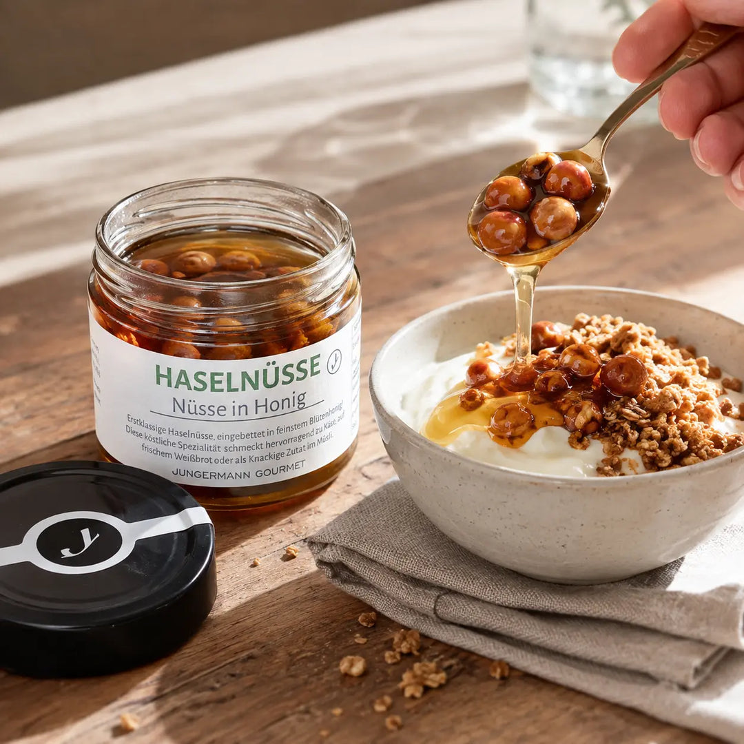 Haselnüsse in Honig als Topping auf Joghurt und Granola
