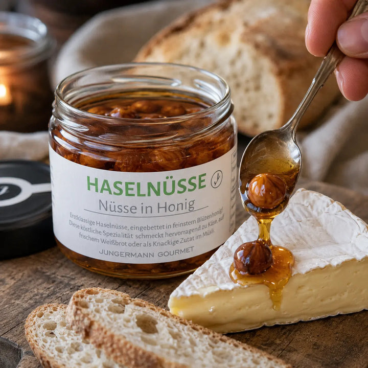 Haselnüsse in Honig als feine Begleitung zu Weichkäse und Brot