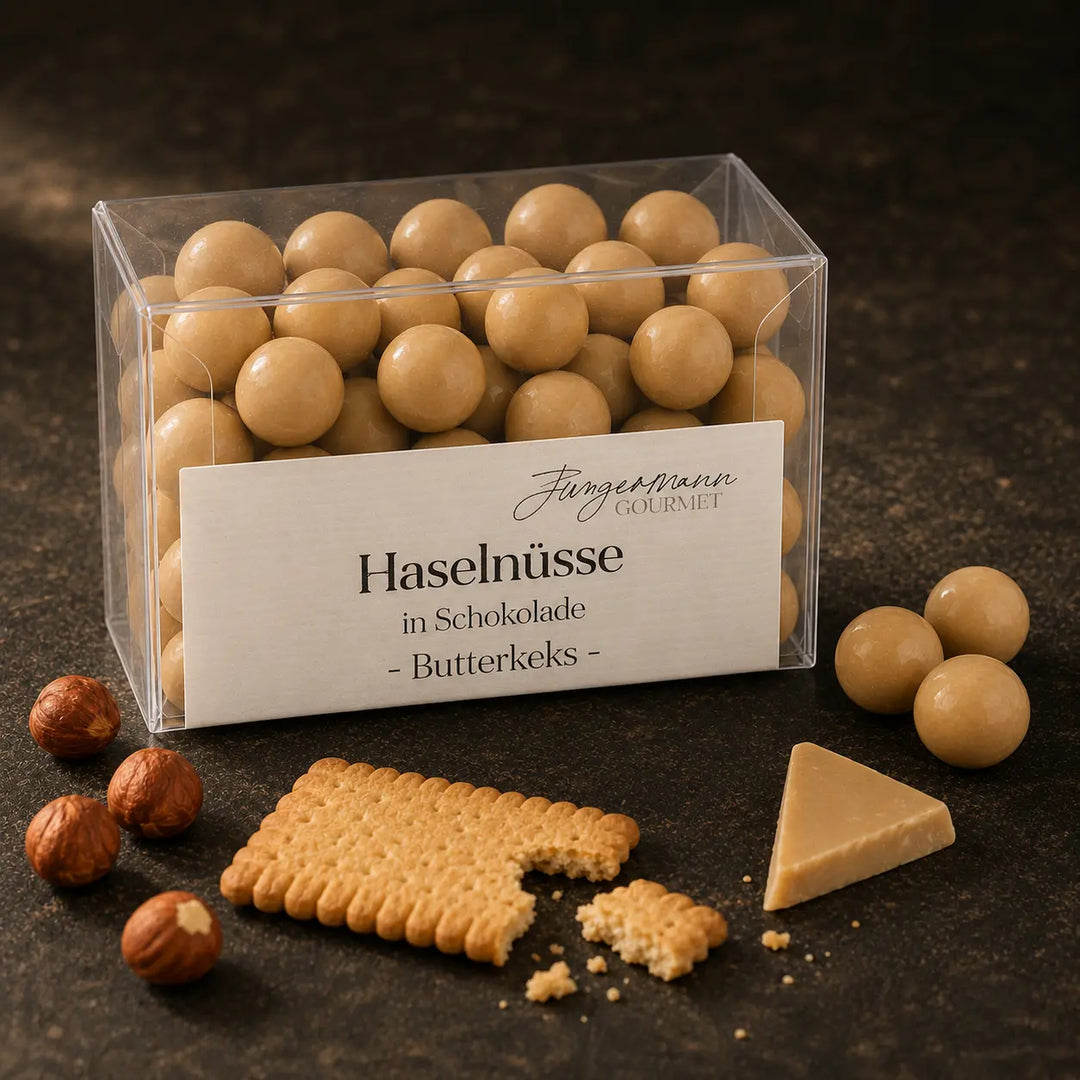 Haselnüsse in Schokolade Butterkeks mit Haselnüssen, Butterkeks und Schokolade