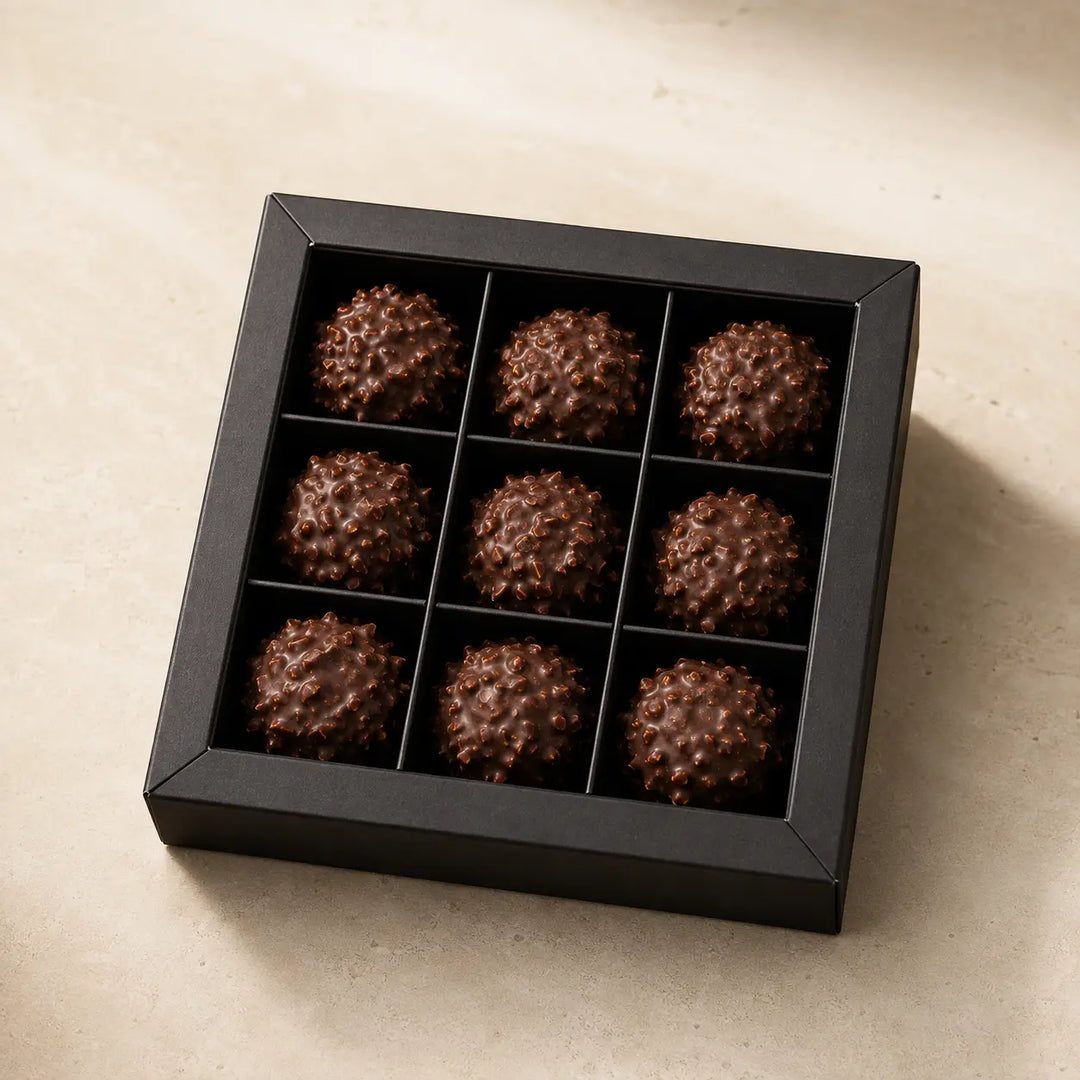 Haselnuss Praline von Jungermann Gourmet – neun Pralinen in schwarzer Schachtel