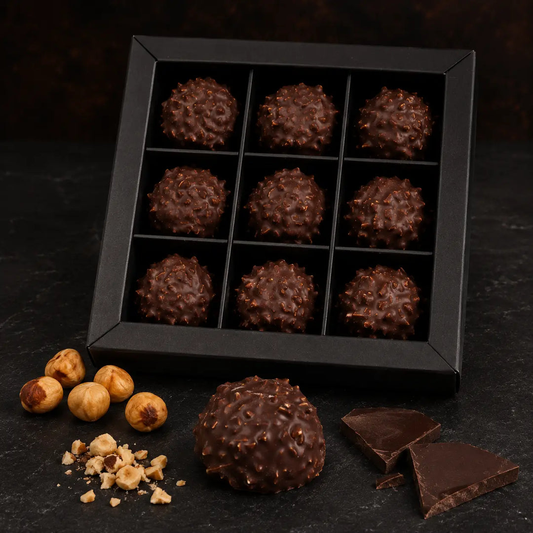Haselnuss Praline mit gerösteten Haselnüssen und dunkler Schokolade