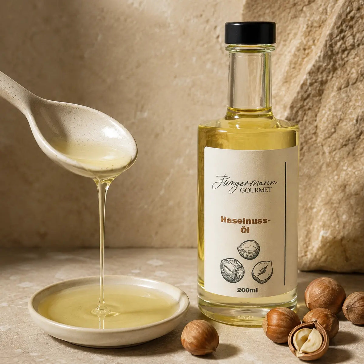 Haselnussöl von Jungermann Gourmet – goldene Öltextur und Haselnüsse im Detail
