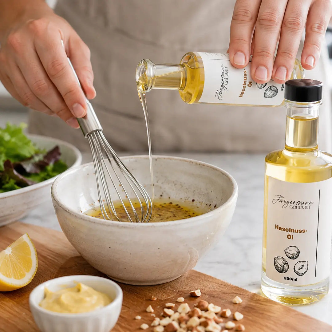 Haselnussöl beim Zubereiten einer feinen Vinaigrette