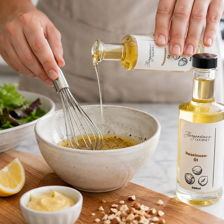 Haselnussöl beim Zubereiten einer feinen Vinaigrette