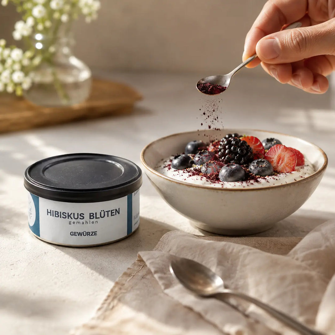 Hibiskusblüte gemahlen als feines Topping auf Joghurt und Beeren