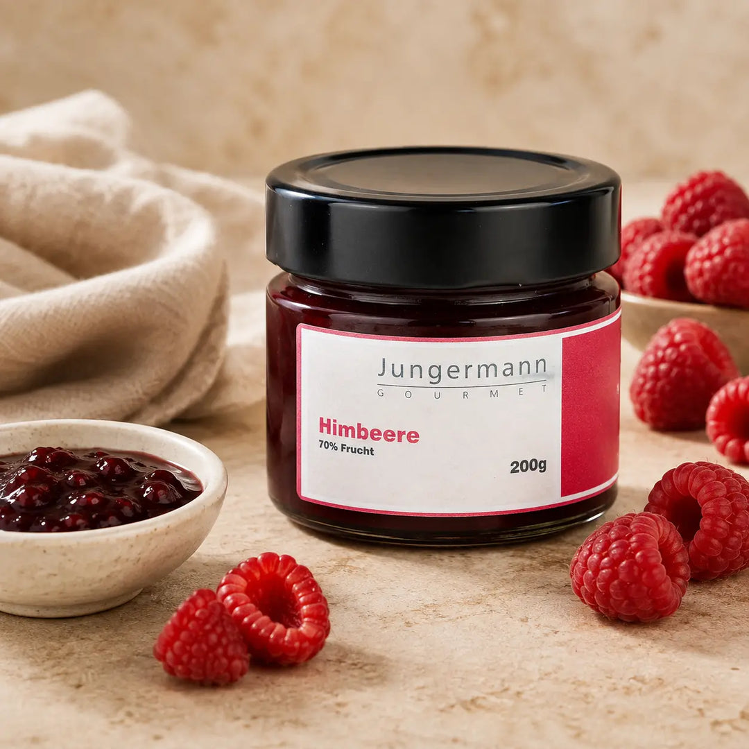 Himbeer Aufstrich von Jungermann Gourmet mit frischen Himbeeren