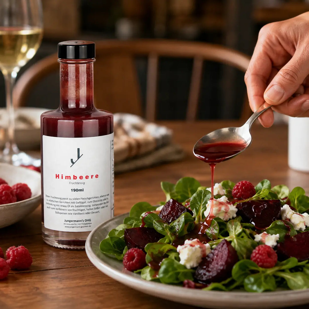 Himbeer Essig als Vinaigrette zu Rote-Bete-Salat und Ziegenkäse