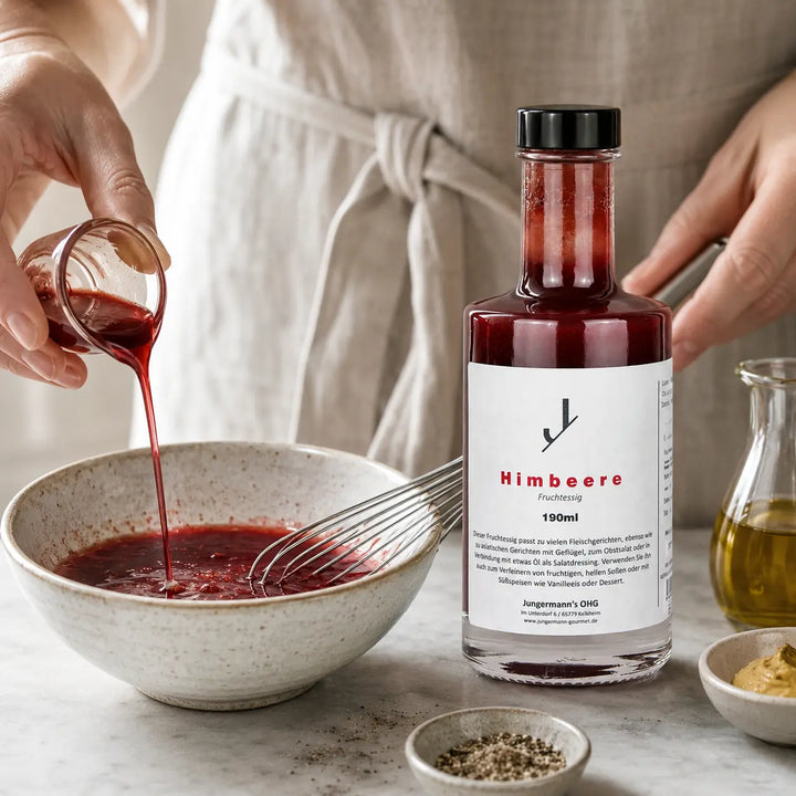 Himbeer Essig beim Zubereiten einer fruchtigen Vinaigrette