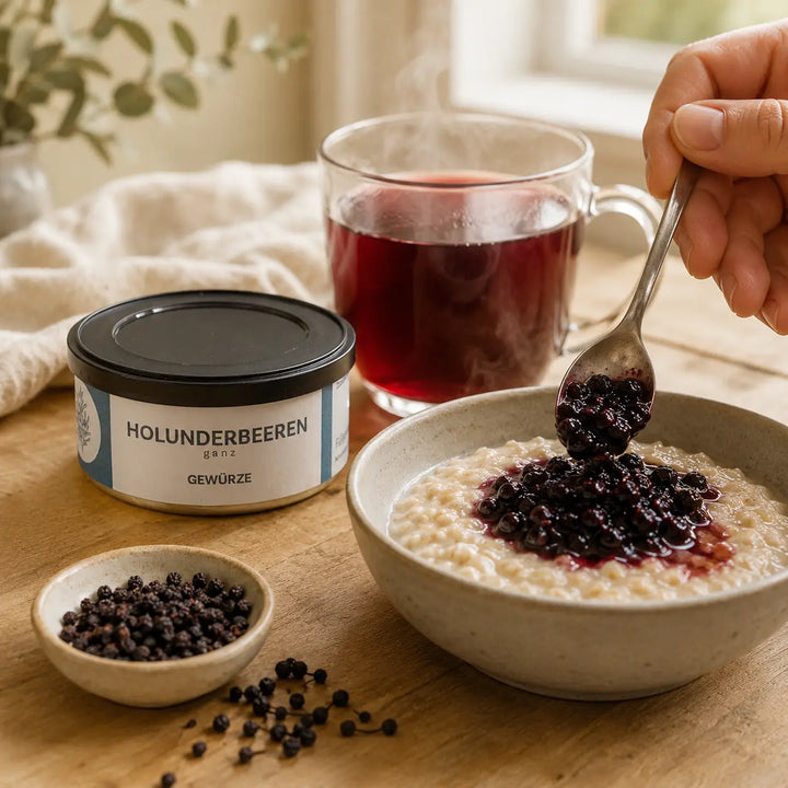 Gekochte Holunderbeeren als warmes Kompott zu Porridge und Tee