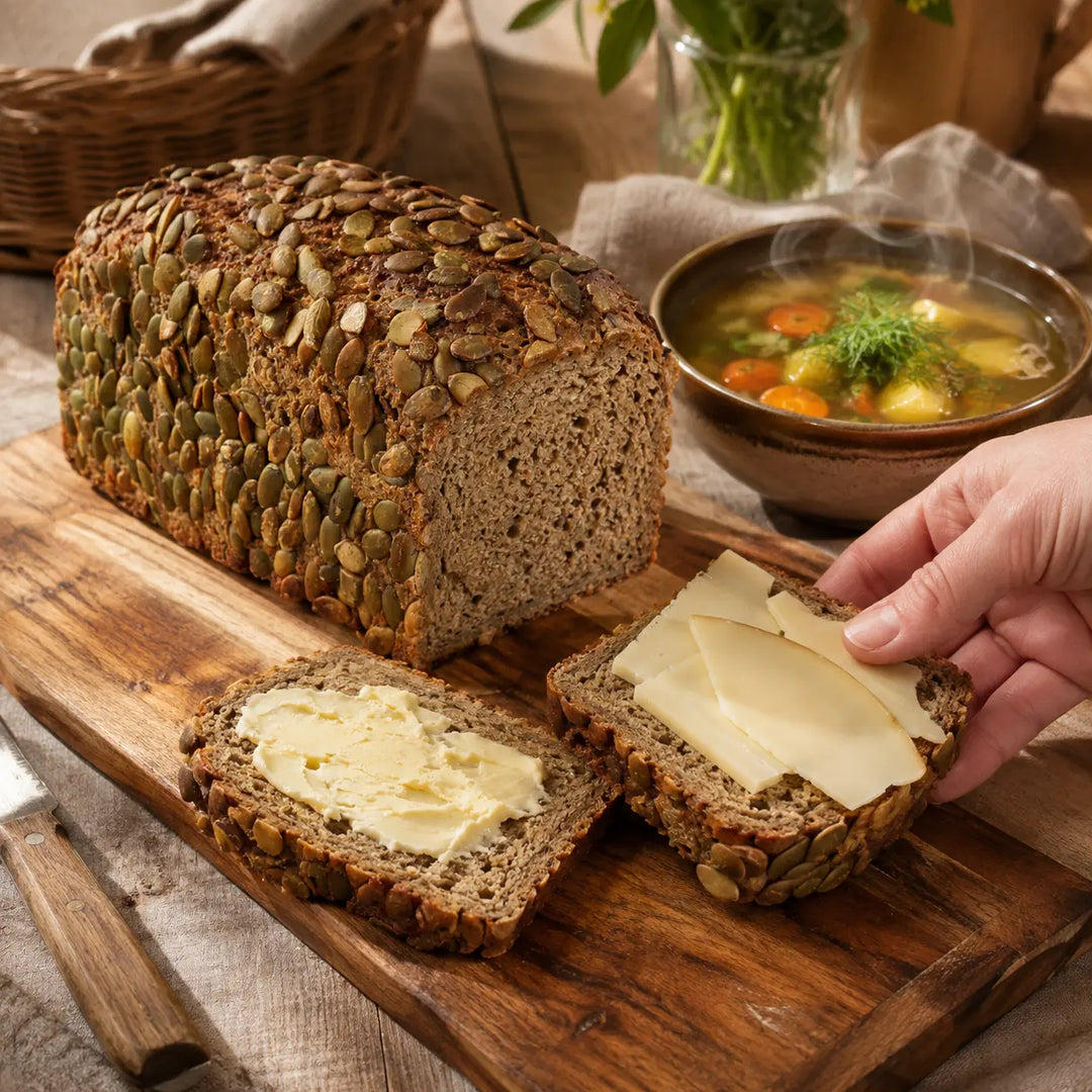 Hüttenbrot mit Butter, Käse und warmer Suppe als Brotzeit