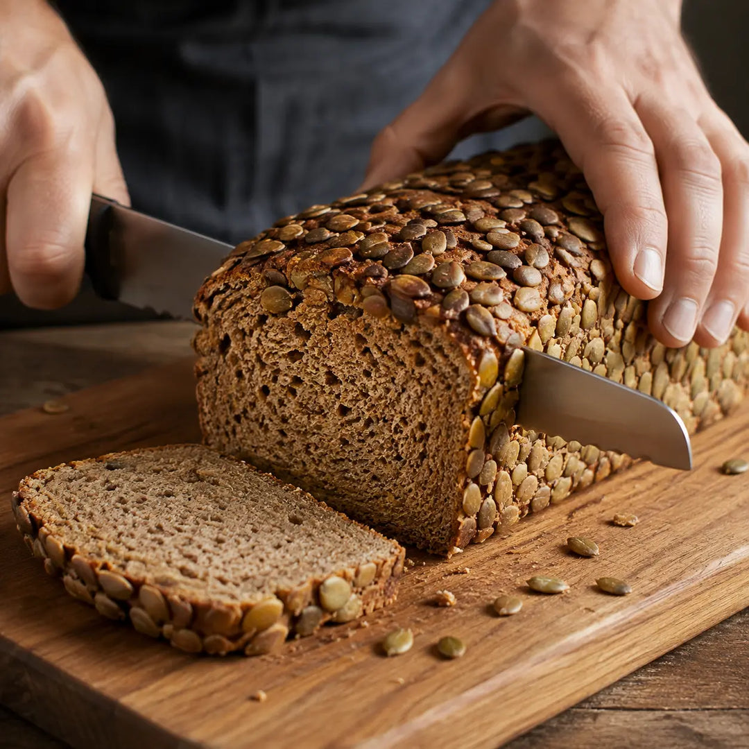 Hüttenbrot beim Aufschneiden auf einem Holzbrett